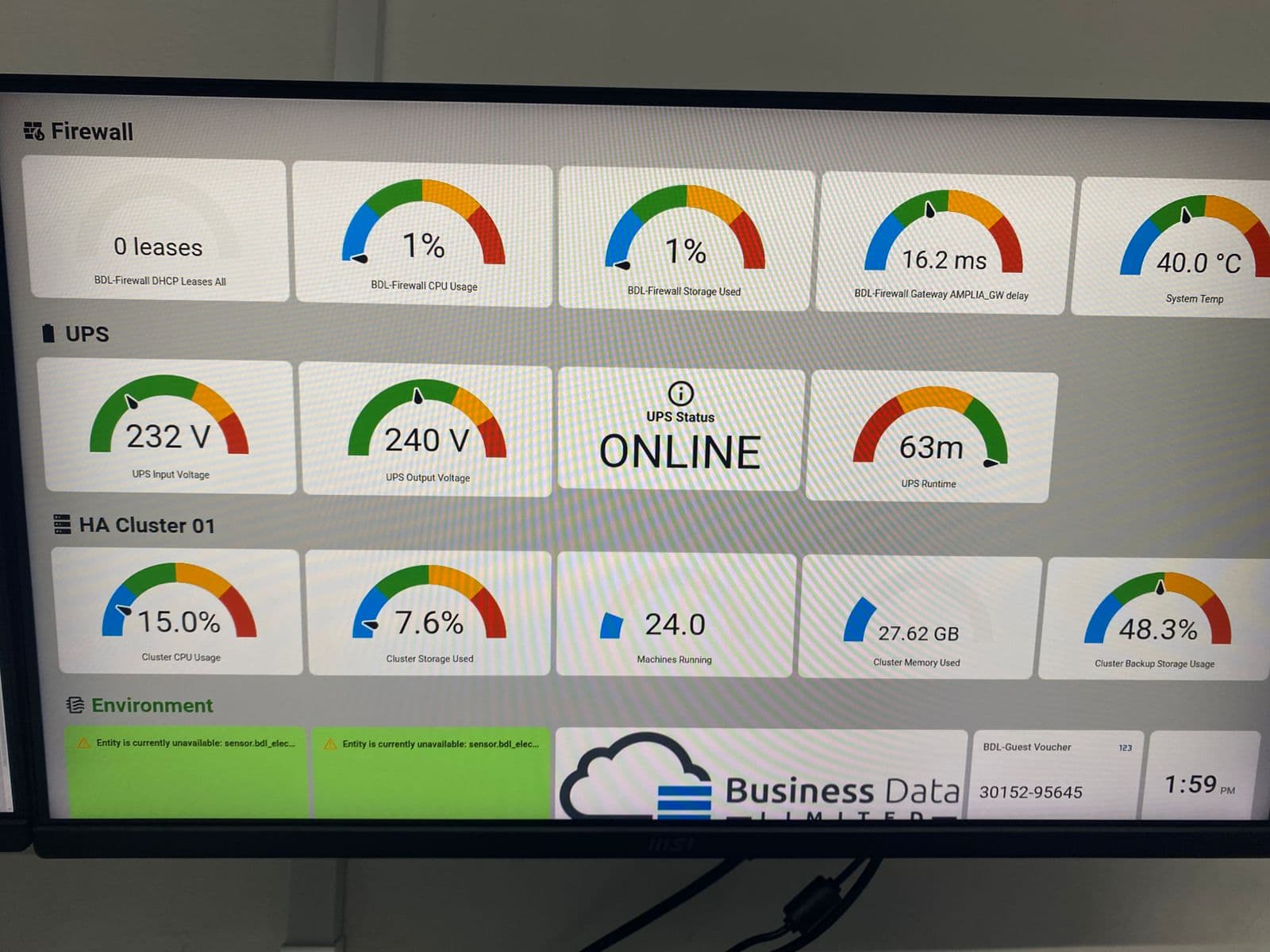 BDL operations dashboard showing firewall, UPS, and HA status