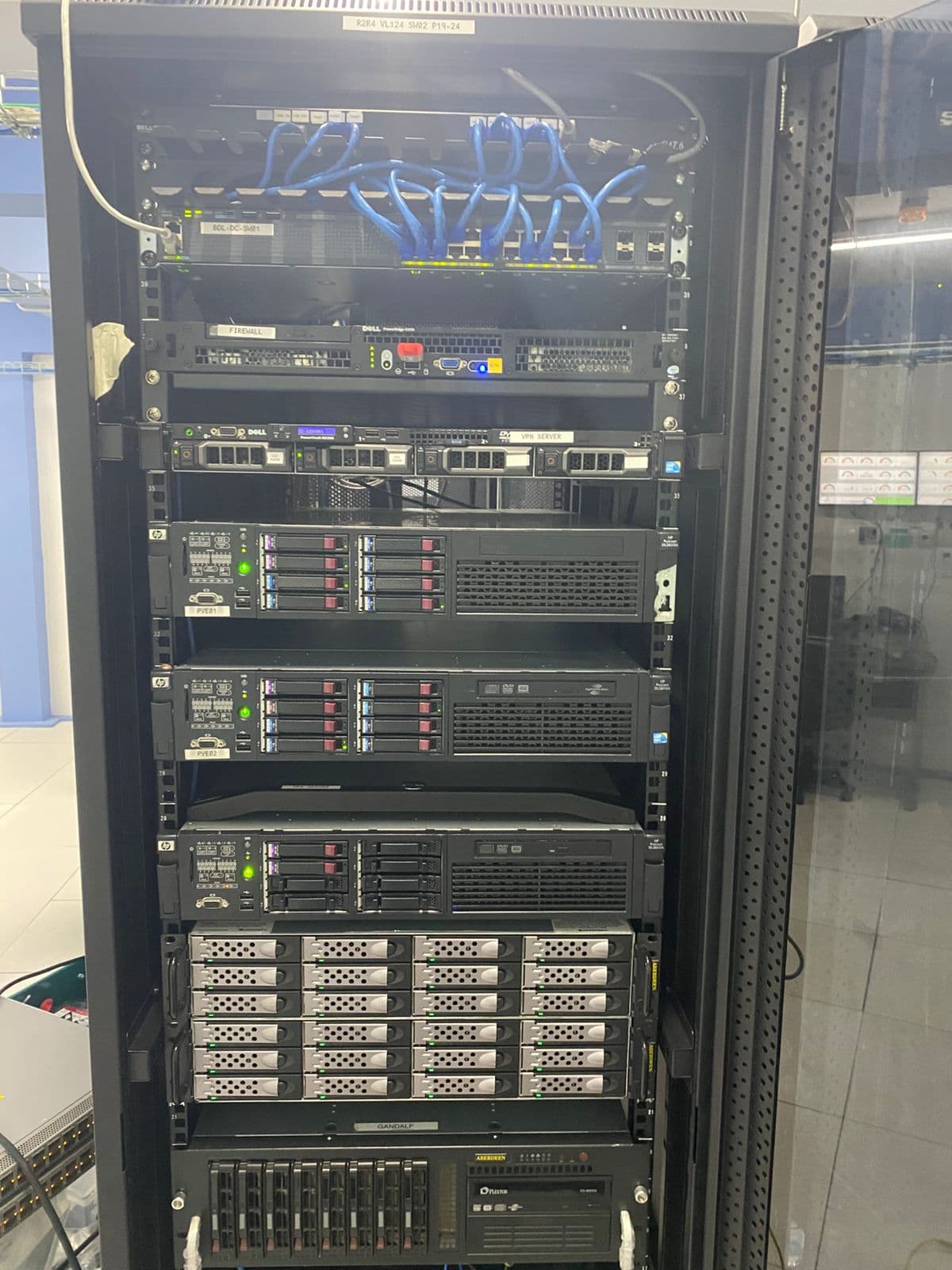 Production rack with Proxmox and firewall hardware